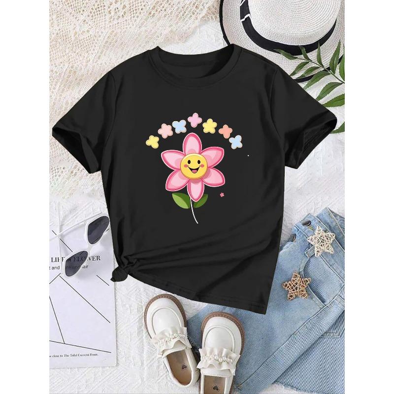 Европейские размеры Девочки Футболка с принтом, круглый вырез, короткий рукав, Стиль с принтом, Удобный крой, Сезон  Снова в школу 98cm чёрный