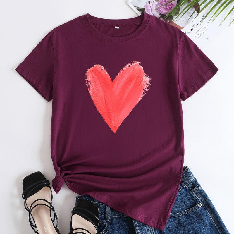 Summer women's plus size heart-shaped printed pure cotton loose round neck short sleeved T-shirts Women's