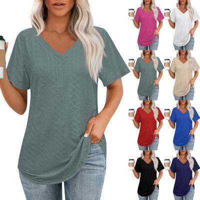 Damen-T-Shirts mit V-Ausschnitt, kurzärmelig, lässige Oberteile, lockere Passform, Basic-T-Shirts mit abgerundetem Saum
