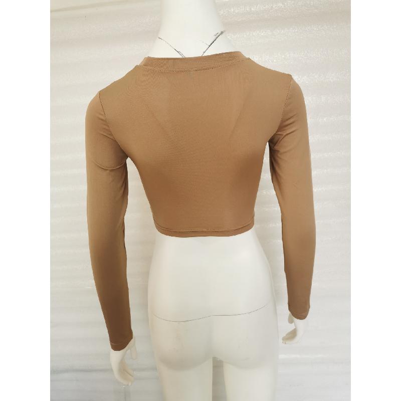 2026 Fashionable Solid Color Short Slim Fit Cropped Long Sleeve T-Shirt for Women with Round Neck