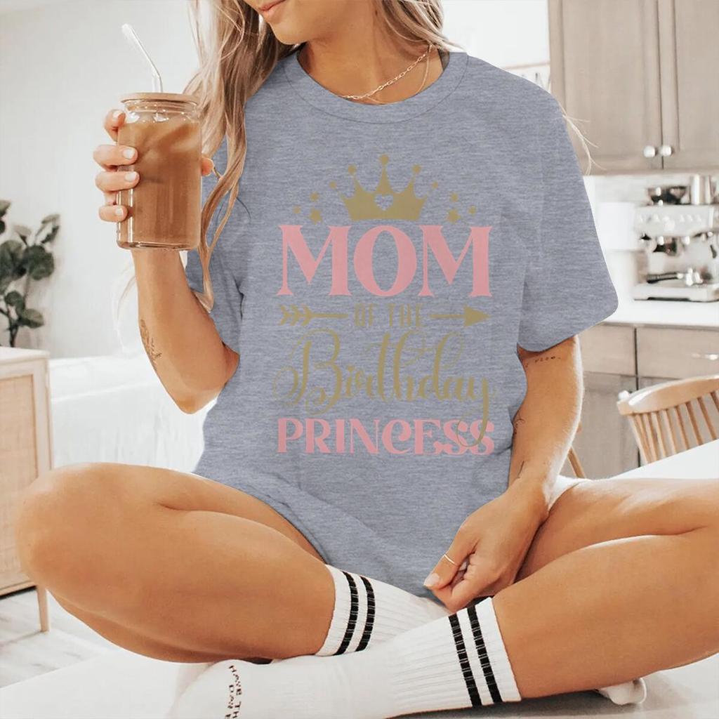 Mom Of The Birthday Princess Print T Shirts Aesthetic Crown Letter Pattern Tshirt Women Short Sleeve Fashion Streetwear Y2K Tops