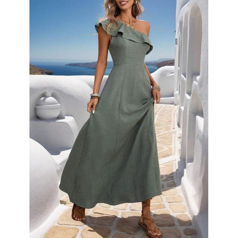 European summer imitation hemp fabric slanted shoulder single shoulder ruffle edge waist sleeveless long dress women S