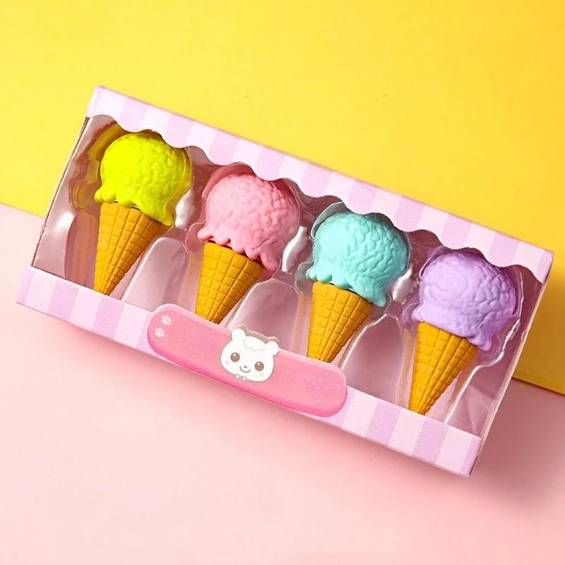 4pcs Yummy Dessert Erasers Set Mini Lollipop Icecream Popsicle Donuts Rubber Pencil Eraser for Kids School Student Award