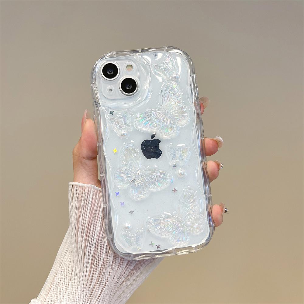 3D Butterfly Crystal Bling Glitter Clear Case For iPhone 15 14 Plus 13 12 11 Pro Max X XR XS Max Shining Star Pearl Wave Cover