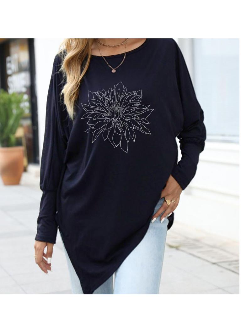 Damen Übergröße Langarm Mode Bedrucktes Langarm Oberteil Frühling/Herbst Asymmetrischer Saum T-Shirt