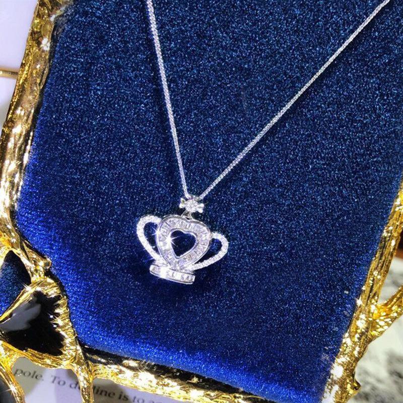 Hollow Heart Center Crown Mixed Cut Full Paved Pendant Women Thin Box Chain Necklace