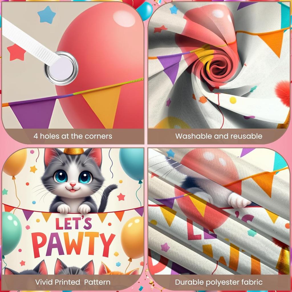 Cat Birthday Decorations Door Cover Banner Colorful Kitten Balloons Let's Pawty Happy Birthday Backdrop for Cat Lover Kitty Cats Pawty Bday Party
