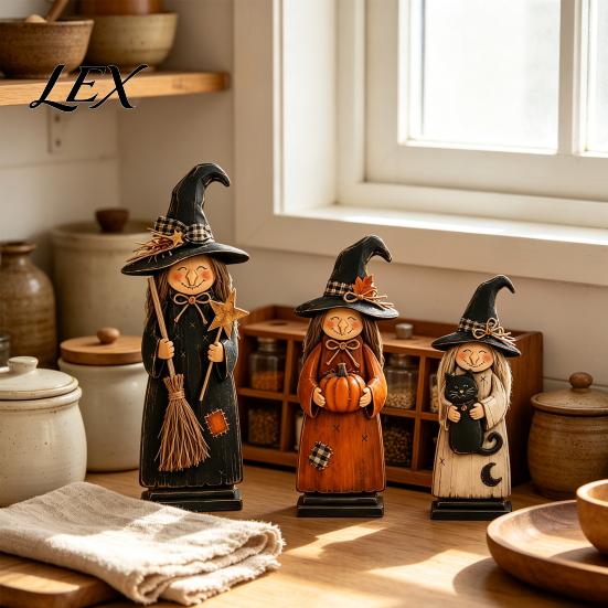 Festival Atmosphere Decorative Accents Wooden Witch Ornament, Retro Halloween Figurine with Broom/Pumpkin/Black Autumn Seasonal Decorations for Mantle
