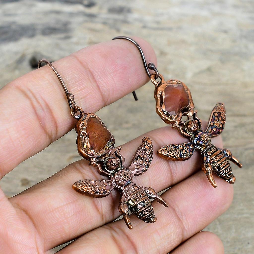 Carnelian rough gemstone earring electroformed copper earrings unique honey bee jewelry handmade earring electroformed jewelry gifts for her