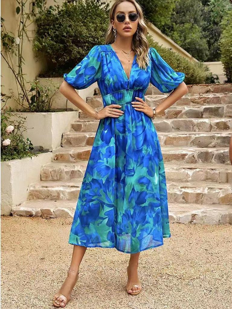 Floral Print V Neck Dress With Short Lantern Sleeves For Casual Female Wear