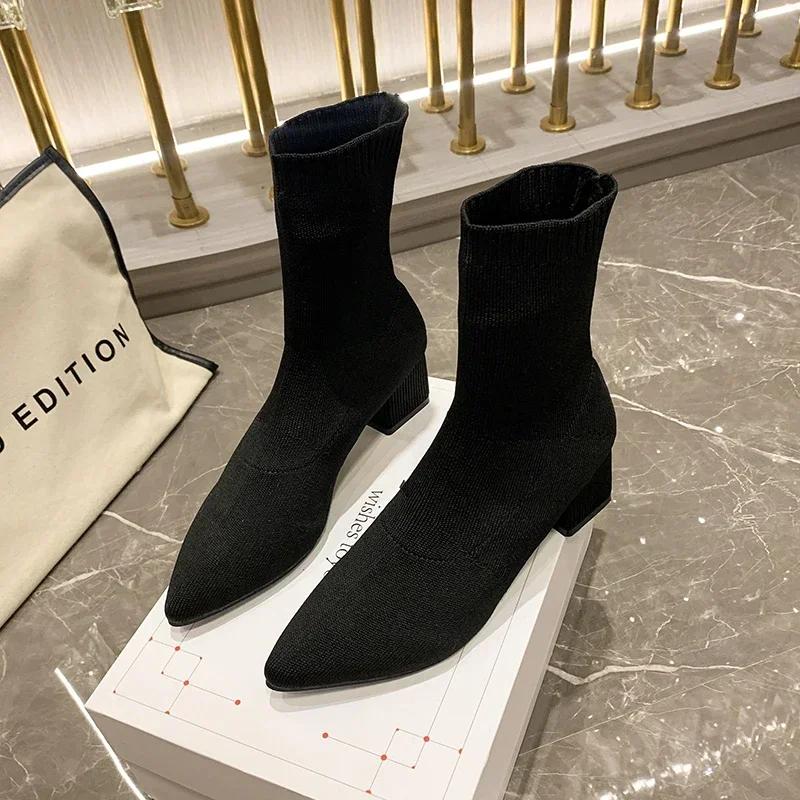 Knitted Women's Ankle Boots 2026 Spring New Fashion Shoes for Women Pointed Toe Elasticity Chunky Heel Sock Short Boots Zapatos