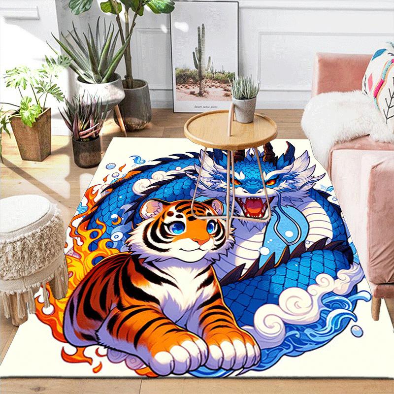 1pc Dragon and Tiger Print, Design Indoor Area Rug, Soft, Anti-Slip, and Durable Gaming Room Decor for Bedroom, Living Room, and Exercise Ru