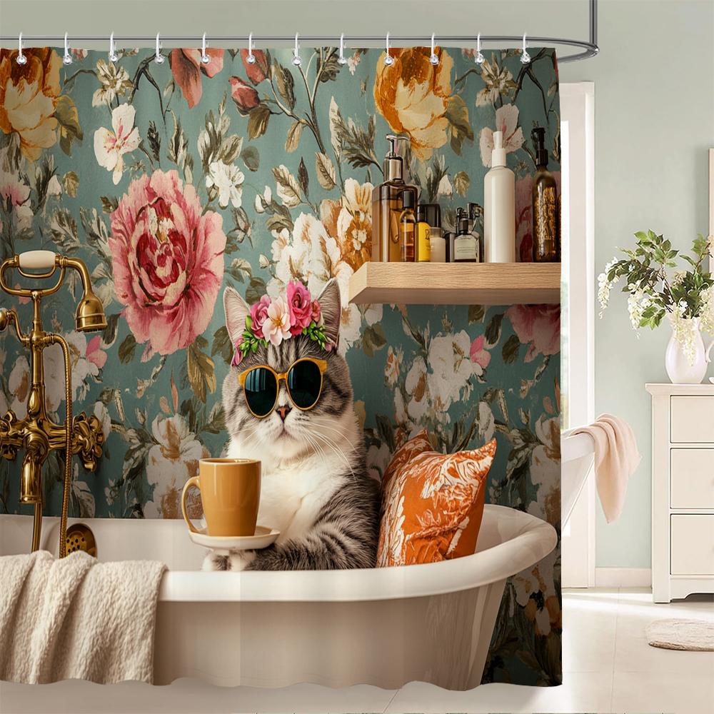 Nordic Style Flowers Leaves Animals Shower Curtain Cat and Dog Printed Bathroom Bath Curtain Home Decoration Curtain With Hooks