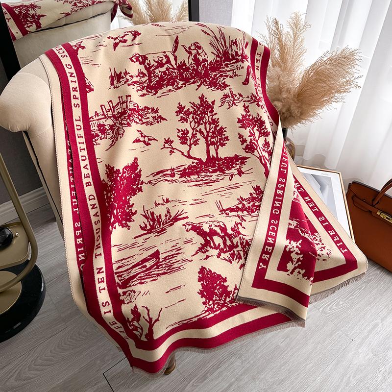 Winter Women'S Scarf Cashmere Luxury  Forest Animal Jacquard Thickened Warm Shawl Cashmere Cloak Scarf Ladies