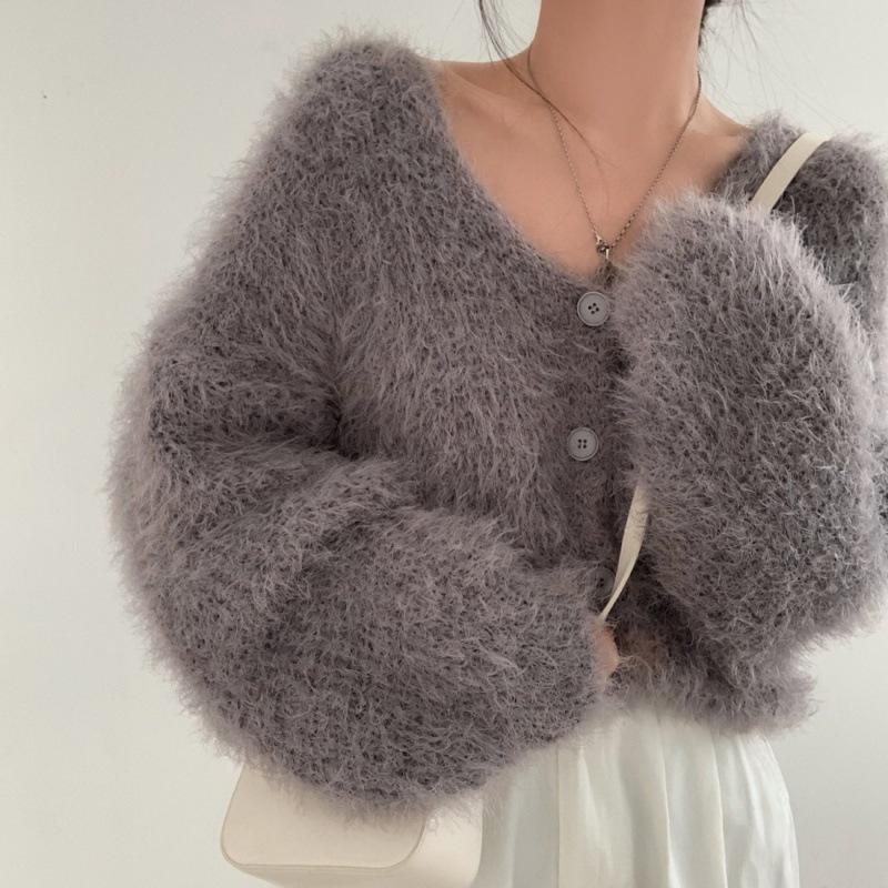 Chic Korean Faux Mink Long-Sleeve V-Neck Cardigan Sweater for Women