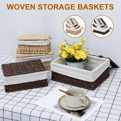 3Pcs Cotton Linen Woven Storage Basket Handwoven with Lid Cosmetic Towel Container Storage Box Household Baskets