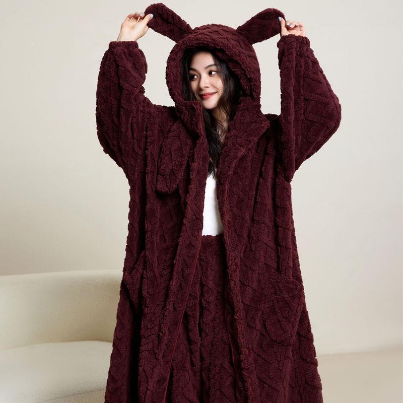 Womens Winter Fleece Robe Set Flannel Solid Simple Long Bathrobe Loungewear