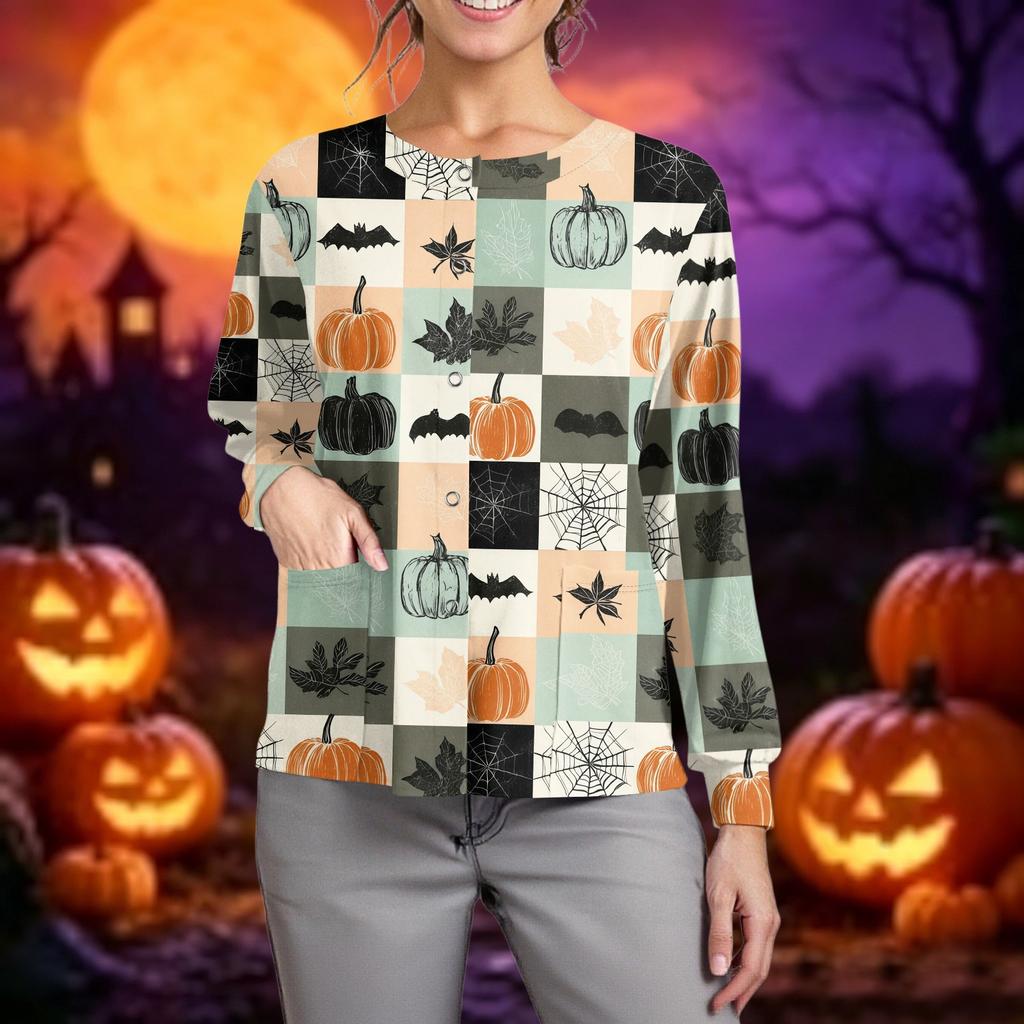 Women's Casual Long Sleeve Single Breasted Halloween Print Caregiver Cardigan Top Lightweight Comfortable Fit