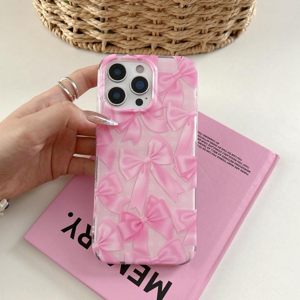 Mädchenhaftes Karomuster Rosa Schleife Geeignet für Apple 16 Handyhülle iPhone 17 Pro Max Doppelschichtige Hülle 15/14
