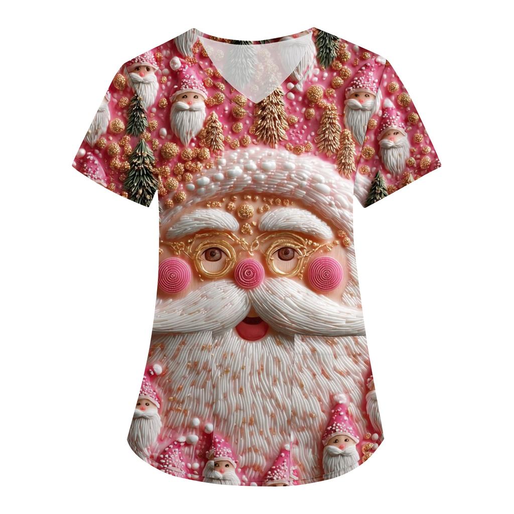 Women's Fashion V-Neck Short Sleeve Overalls With Pockets Christmas Printed Tops  Clothes