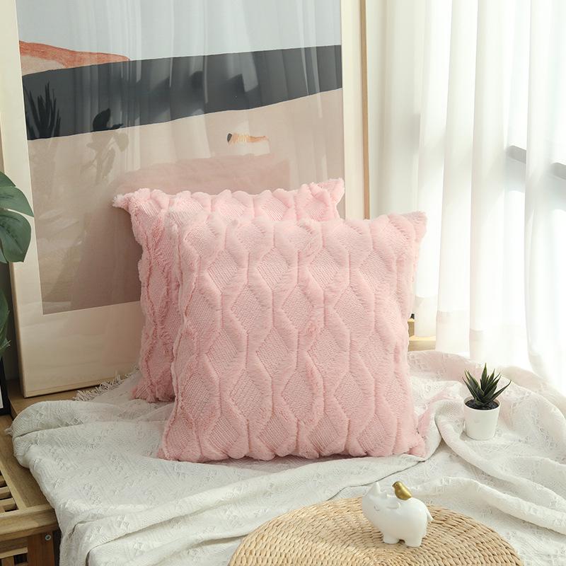 Solid Color Geometric Embroidered Plush Sofa Pillowcase