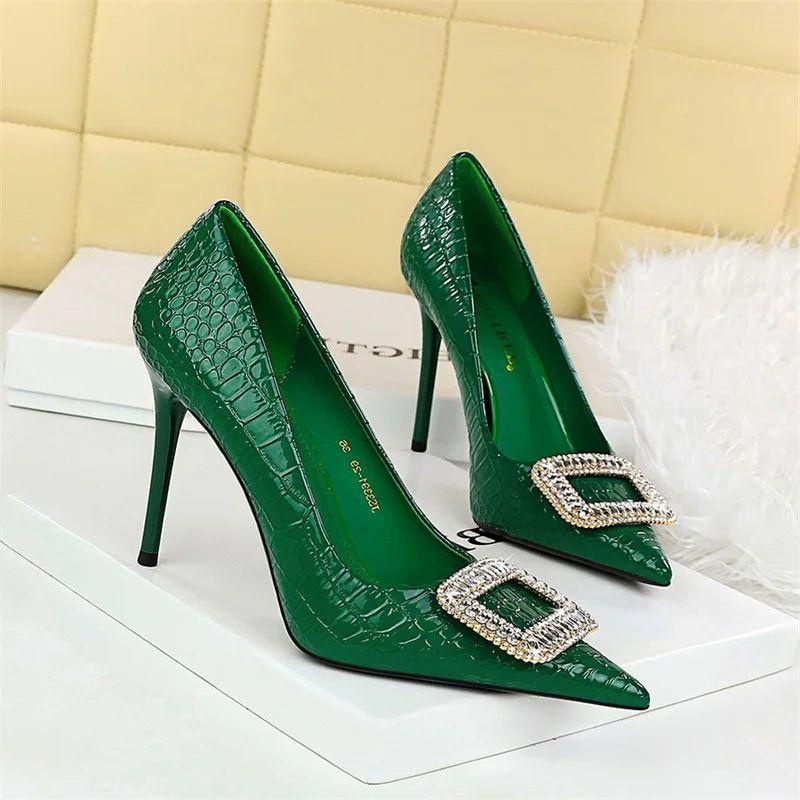 Fashion Comfort Party Pumps Super High Heels Serpentine Patent Leather Shallow Mouth Pointed Toe Crystal Buckle Single Shoes
