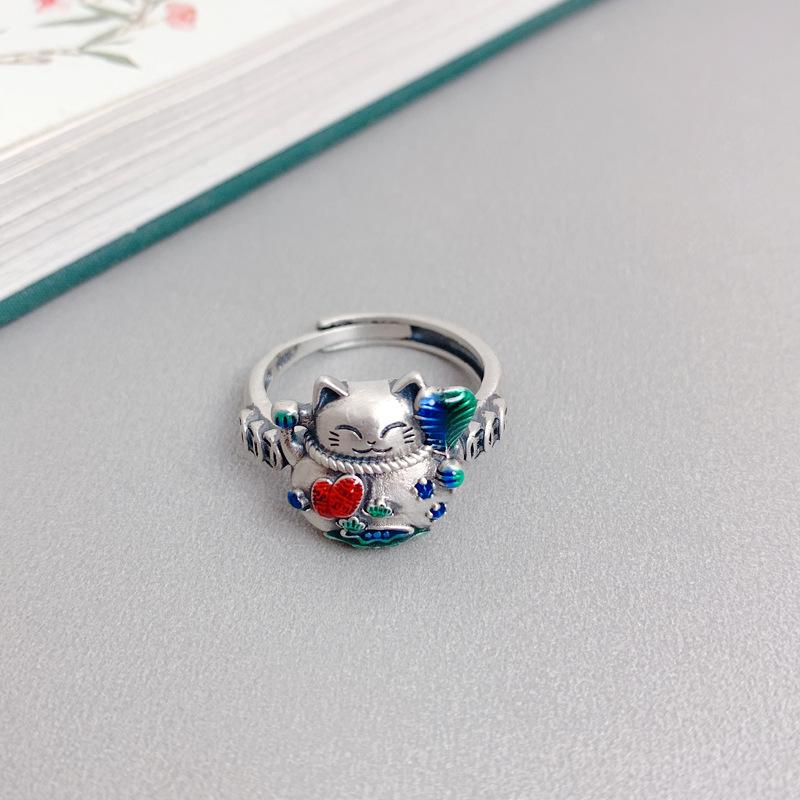 925 Sterling Silver Lucky Cat Ring Women's Retro Atmosphere Old Craftsmanship Simple Enamel Color Ring Index Finger with Jewelry