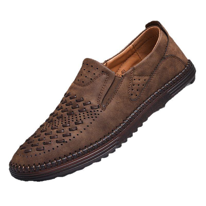 Large Size Hand-stitched Men's Leather Shoes Hollow Breathable Casual Shoes Outdoor Lightweight Soft Sole Soft Surface Driving Shoes