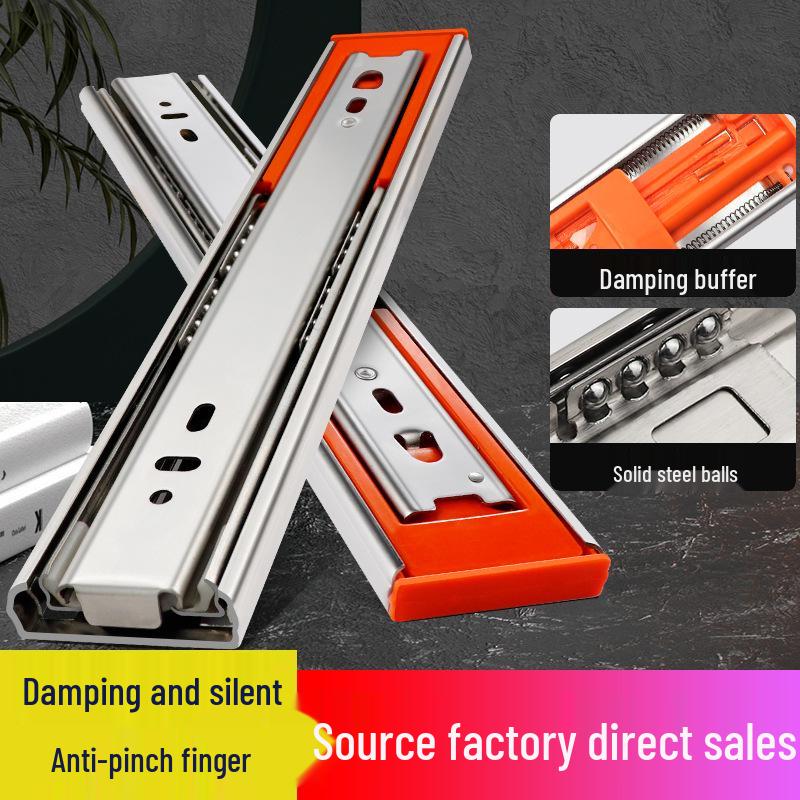 Thickened Stainless Steel Drawer Slides with Three-Section Silent Rails and Buffer Damping