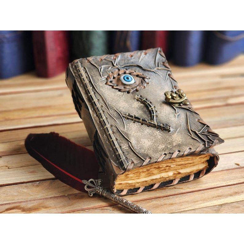 Handmade Leather Spellbook Journal - 7x5 Inch Fantasy Notebook with Eye Design, , Gothic Horror Grimoire, Evil Eye, Halloween