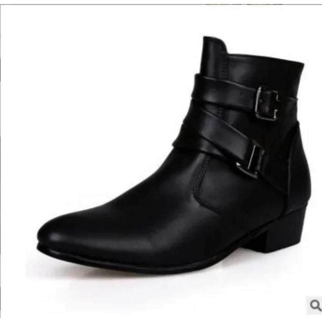 Men Spring Autumn Pointed Toe Height Increase Chelsea Ankle Boots Western High Top Casual Shoe PU Leather 2025