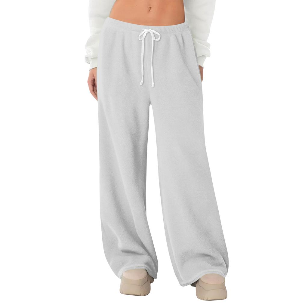 Women's Fleece Wide Leg  Elastic Waist Drawstring Loose Pants Drawstring Pajama Pants Sleepwear Trousers