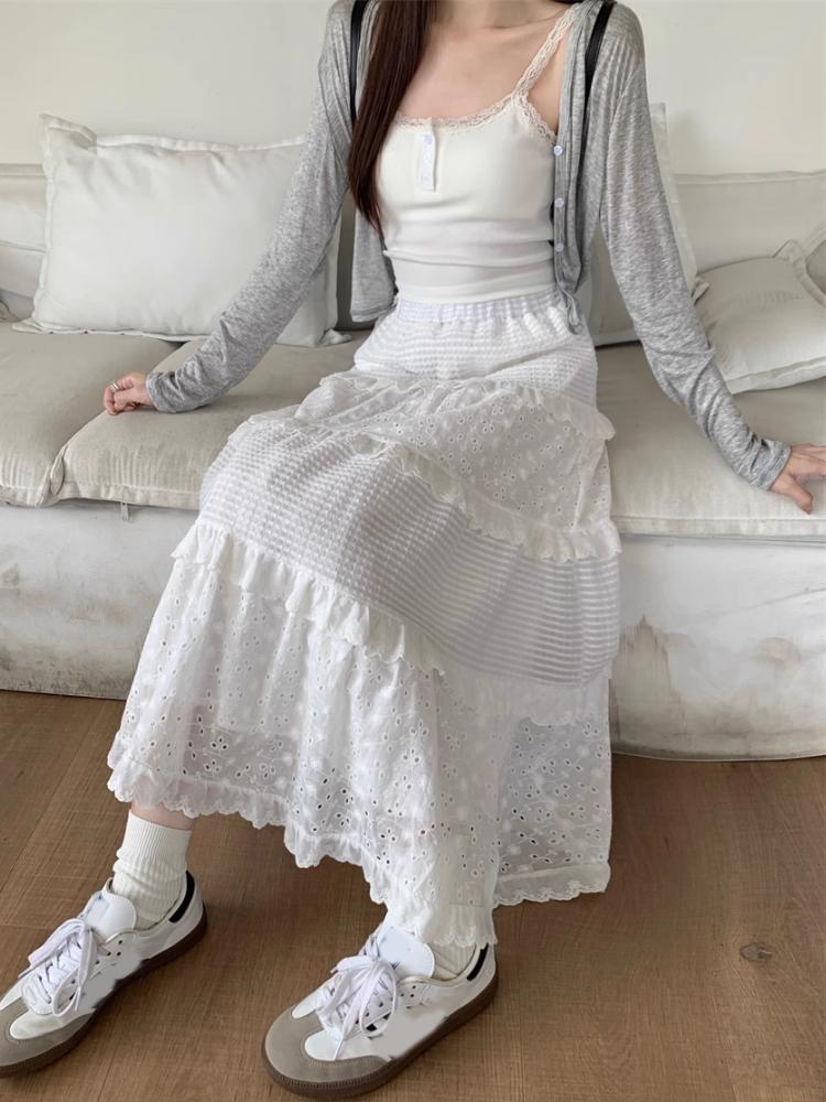 Weiß Hohl Lange Kuchen Rock Frauen Frühjahr Hohe Taille Spitze Patchwork Rüschen EINE Linie Midi Röcke Süße Ballett Kleidung