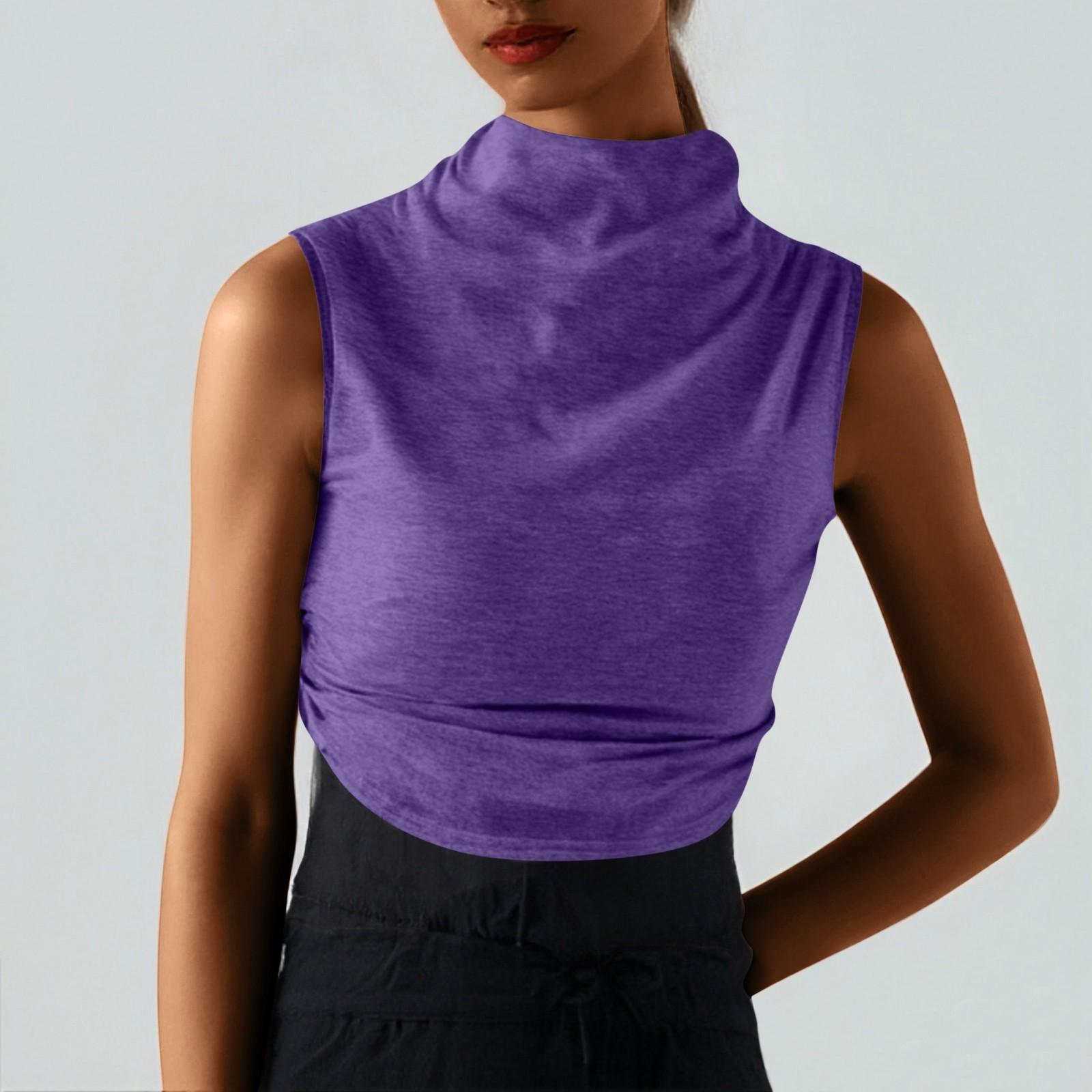 

Женская однотонная футболка без рукавов с полувысоким воротом и плиссированным верхом M фиолетовый