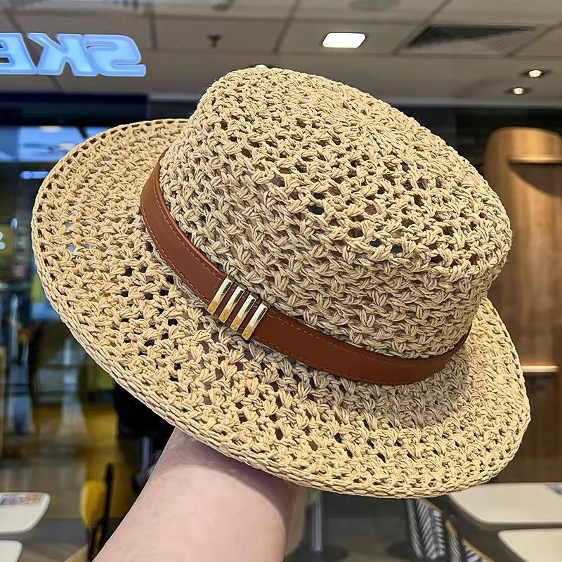 Lightweight Breathable Straw Boater Hat Hollow Out Leather Trim UV Protection Cap for Beach Travel Summer Outdoor Use