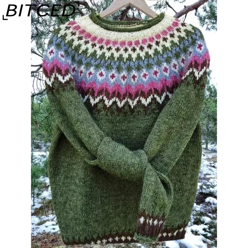 BITCED Women's Sweater - O-Neck Color-Blocked Oversized Fashion Pullover Knit