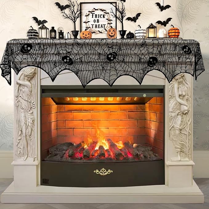 AerWo Halloween Decoration Black Lace Spiderweb Fireplace Mantle Scarf Cover Festive Party Supplies