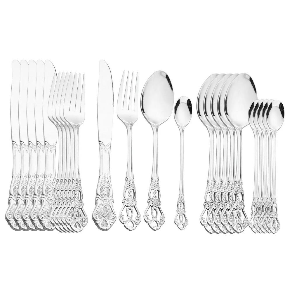 

Набор столовых приборов класса люкс из 24 предметов, набор столовых приборов с гравировкой, набор столовой посуды из нержавеющей стали, винтажные западные нож, вилка, ложка, столовая посуда