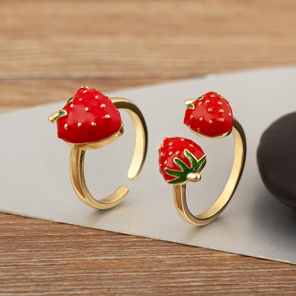 Nidin New Arrival Sweet Cute Strawberry/Mushroom Design Open Rings Adjustable For Women Female Delicate Drip Oil Finger Jewelry