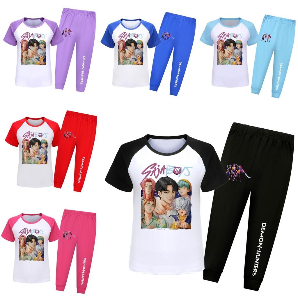 Hunters Kpop Demon Saja Boys Pattern Short Sleeved Shirt Long Pants Suit Pajama