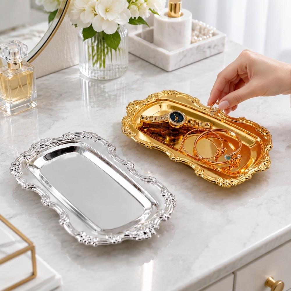 Gold Silver Metal Serving Plate Embossed Design Dessert Cake Dish Round Food Tray Jewelry Storage