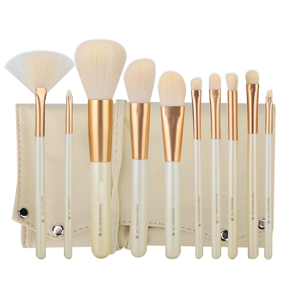 ZOREYA 10pcs Pearl White Portable Professional Makeup Blending Brushes Set with Storage Bag