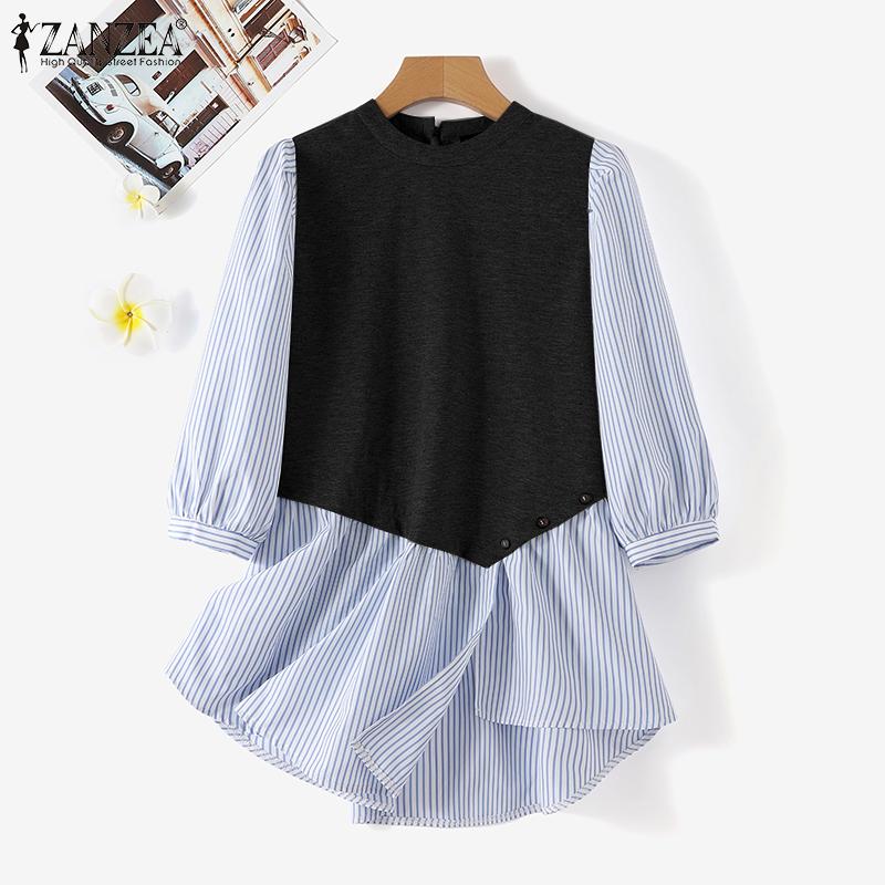 

ZANZEA Женская повседневная блузка в полоску с круглым вырезом и рукавами 3/4 в стиле пэчворк