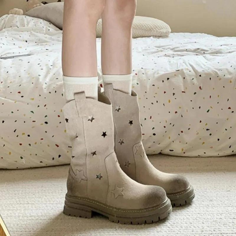 Fashion Mid-calf Summer 2025 Modern Boots Square Heel Mid Heel Shoes Female High Quality Slip-on Round Toe Solid Punk Women's Boots