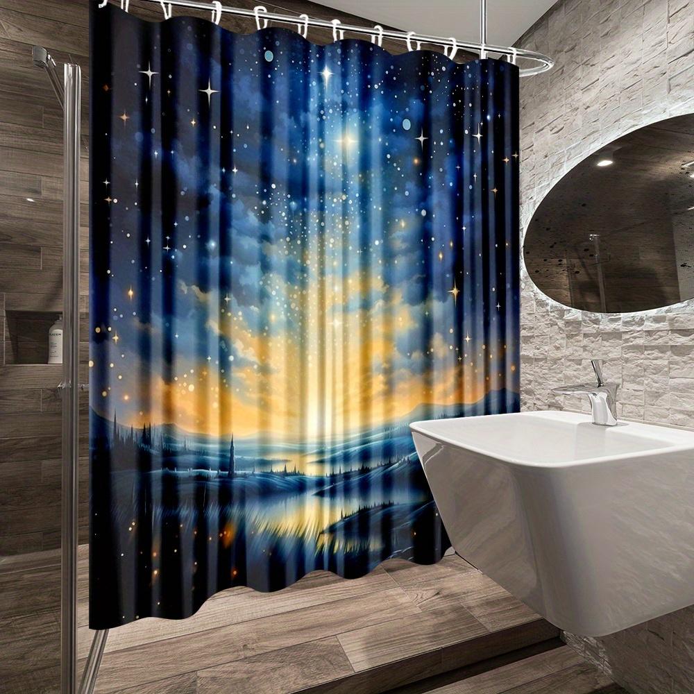 Starry Night Landscape Waterproof Mildew-Resistant Shower Curtain - Enchanting Design for a Tranquil Bathroom Décor Experience