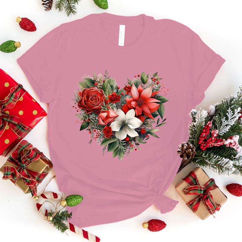 Christmas Flower Love Printed T-Shirts For Women Summer Tee Shirt Femme Casual Short Sleeve Round Neck Tops T-Shirts