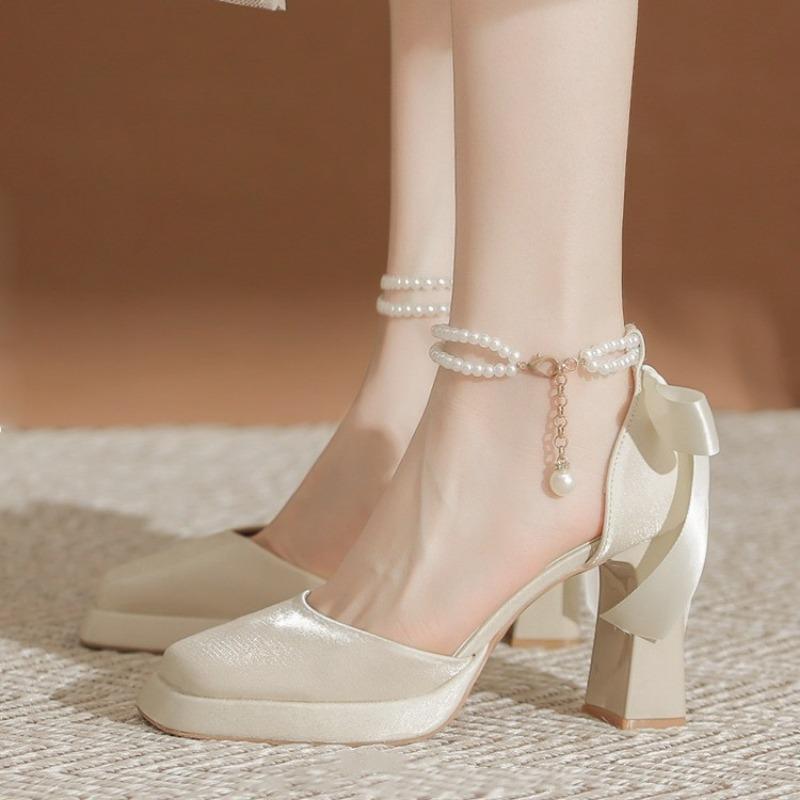 Fashion Spring New Chunky Single Shoes Women's Square Head Shallow Mouth Beaded Butterfly Knot Waterproof Platform High Heels