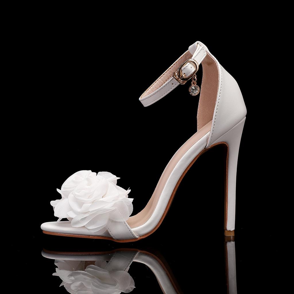 7cm Thick Heel Shallow Mouth Flower High Heel Sandals Women's White Bridal Banquet Wedding Shoes Open Toed 43 Zapatos De Mujer