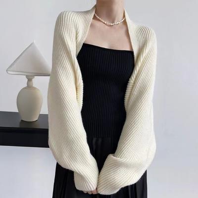 Women Knitted Cardigan Shawl Loose Bat Sleeves Solid Color Knitting Coat Short Style Shawl Coat Autumn Winter Wear