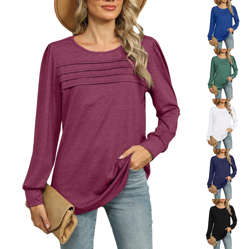 Women's Fashionable Solid Color U Neck Long Sleeved Loose T-shirt Top